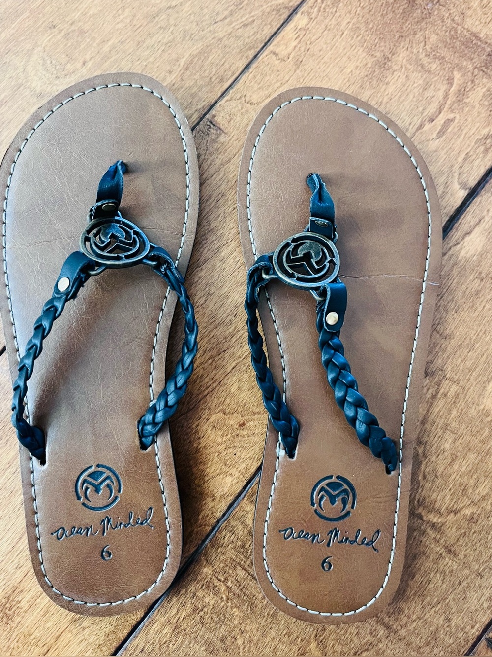 Ocean minded  Black Braided logo brown thong sandal flip flops